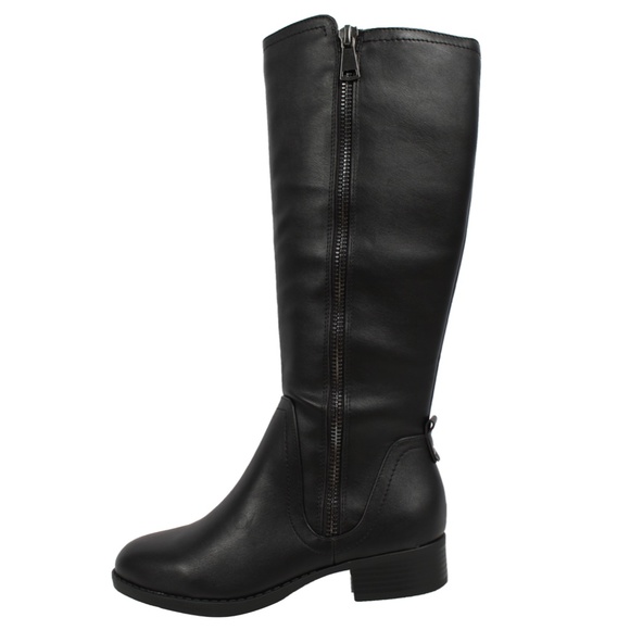 Black Faux Leather Knee High Low Block Heel - Picture 3 of 4